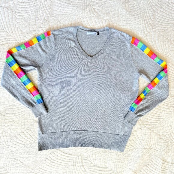 Zaket & Plover Cashmere Blend Rainbow Sleeve V-Neck Sweater Size M - Picture 11 of 13